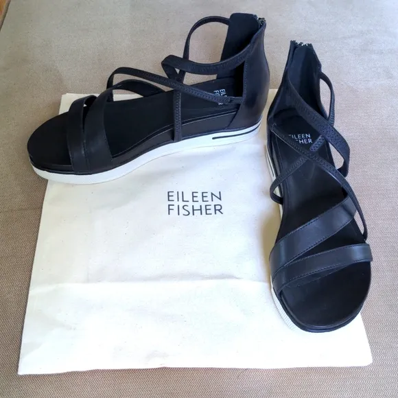 Eileen Fisher Skip Washed Leather Sneaker Sandal in Black Size 9.5