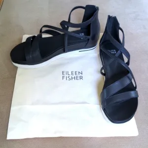 Eileen Fisher Skip Washed Leather Sneaker Sandal in Black Size 9.5