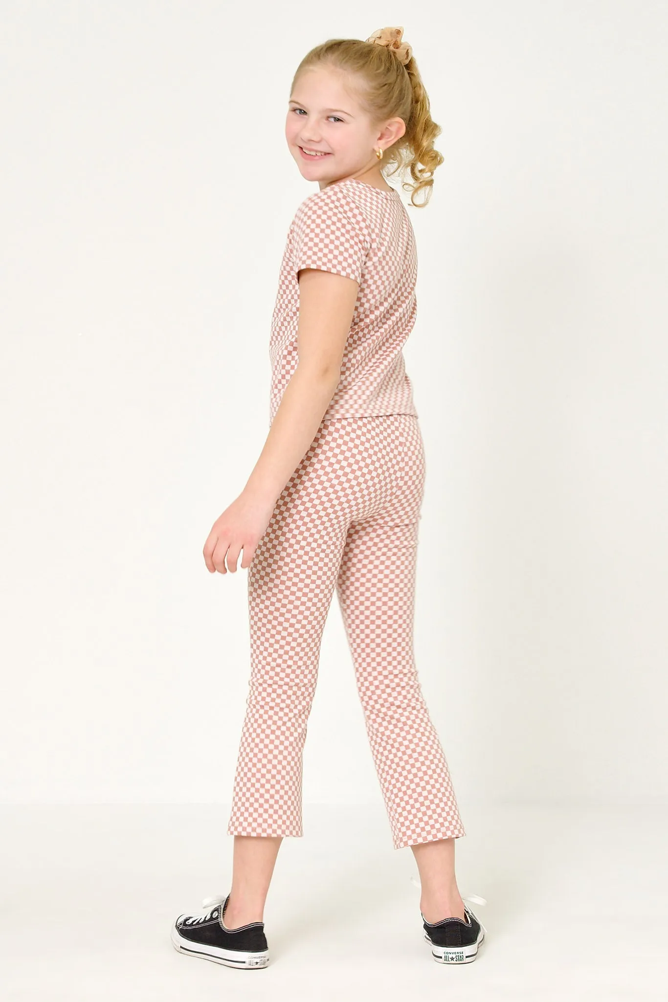 Elastic Waist Checkered Straight Leg Pants