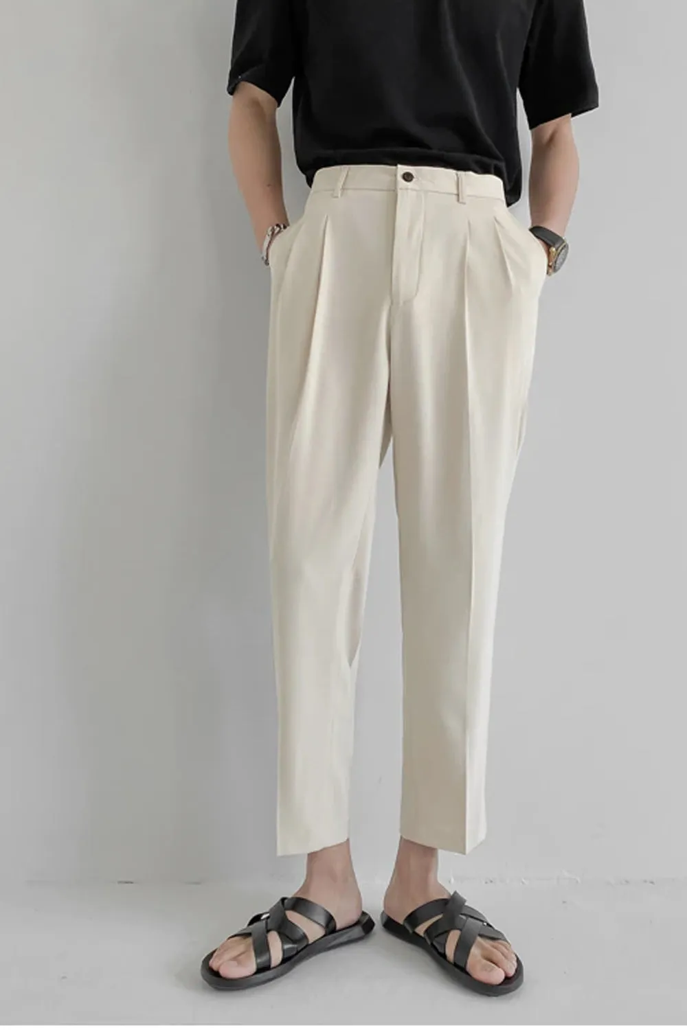 Elastic Waist Solid Colors Ankle Length Men Long Pants
