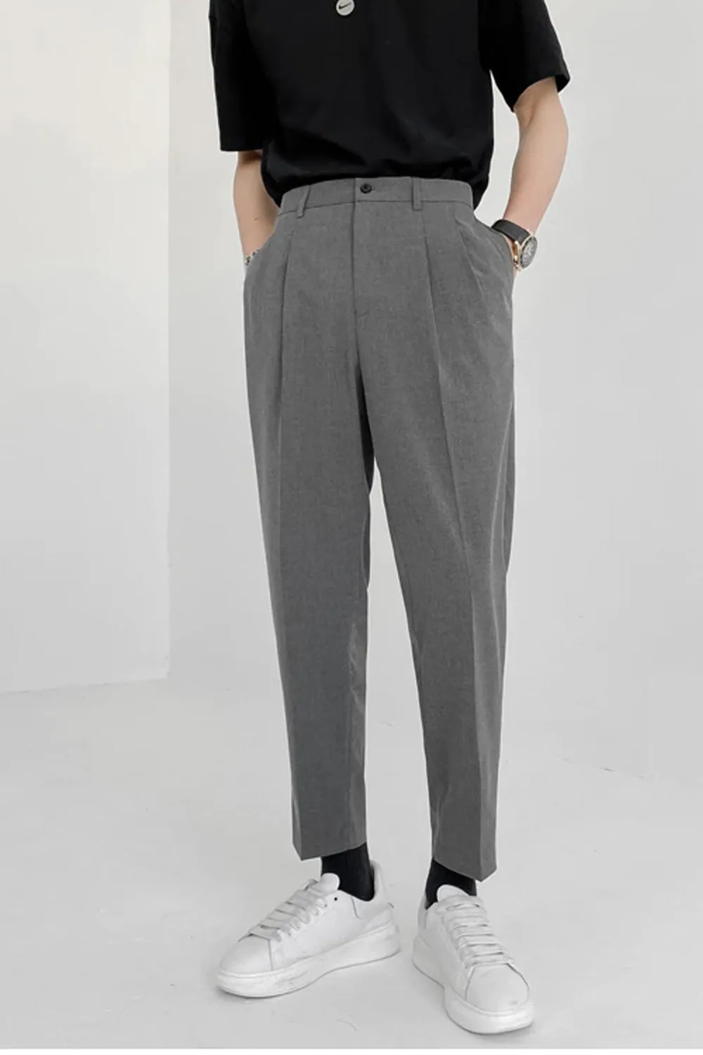 Elastic Waist Solid Colors Ankle Length Men Long Pants