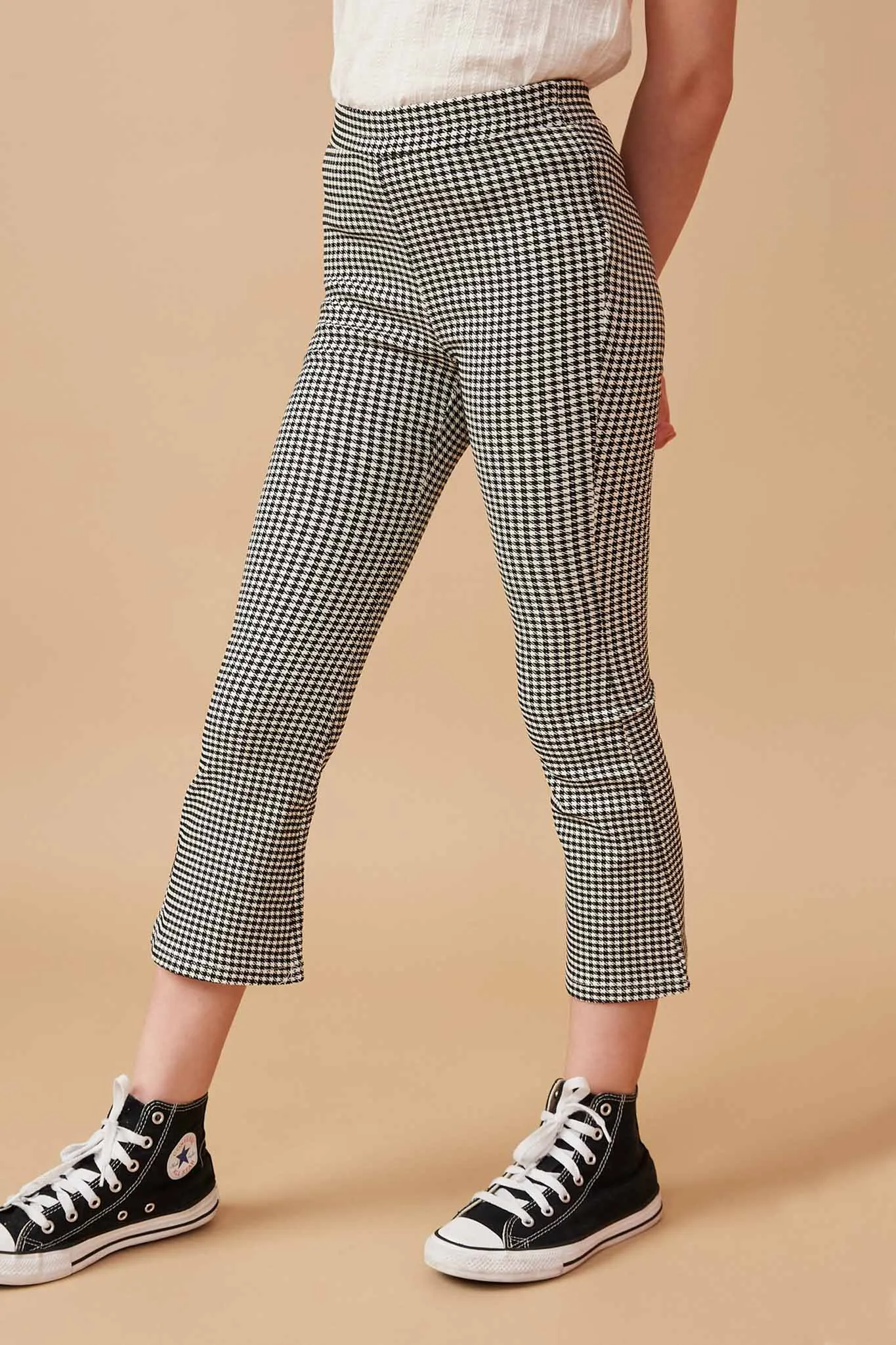 Elastic Waist Wide Leg Houndstooth Pants