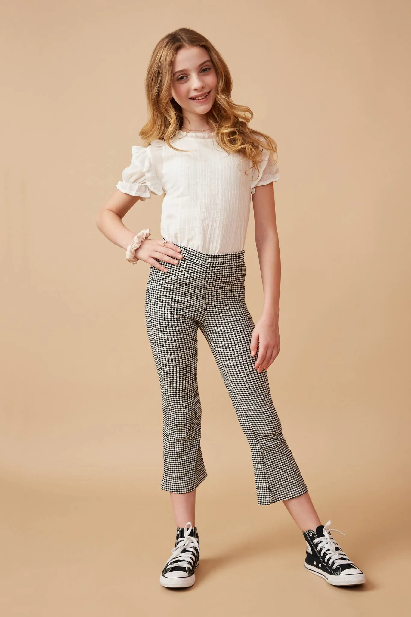 Elastic Waist Wide Leg Houndstooth Pants
