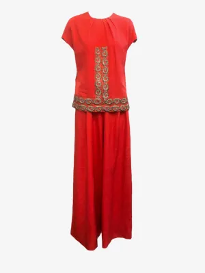 Eleanora Garnett Couture 60s Red Hostess Pantsuit with Gold Lame Jacquard Trim