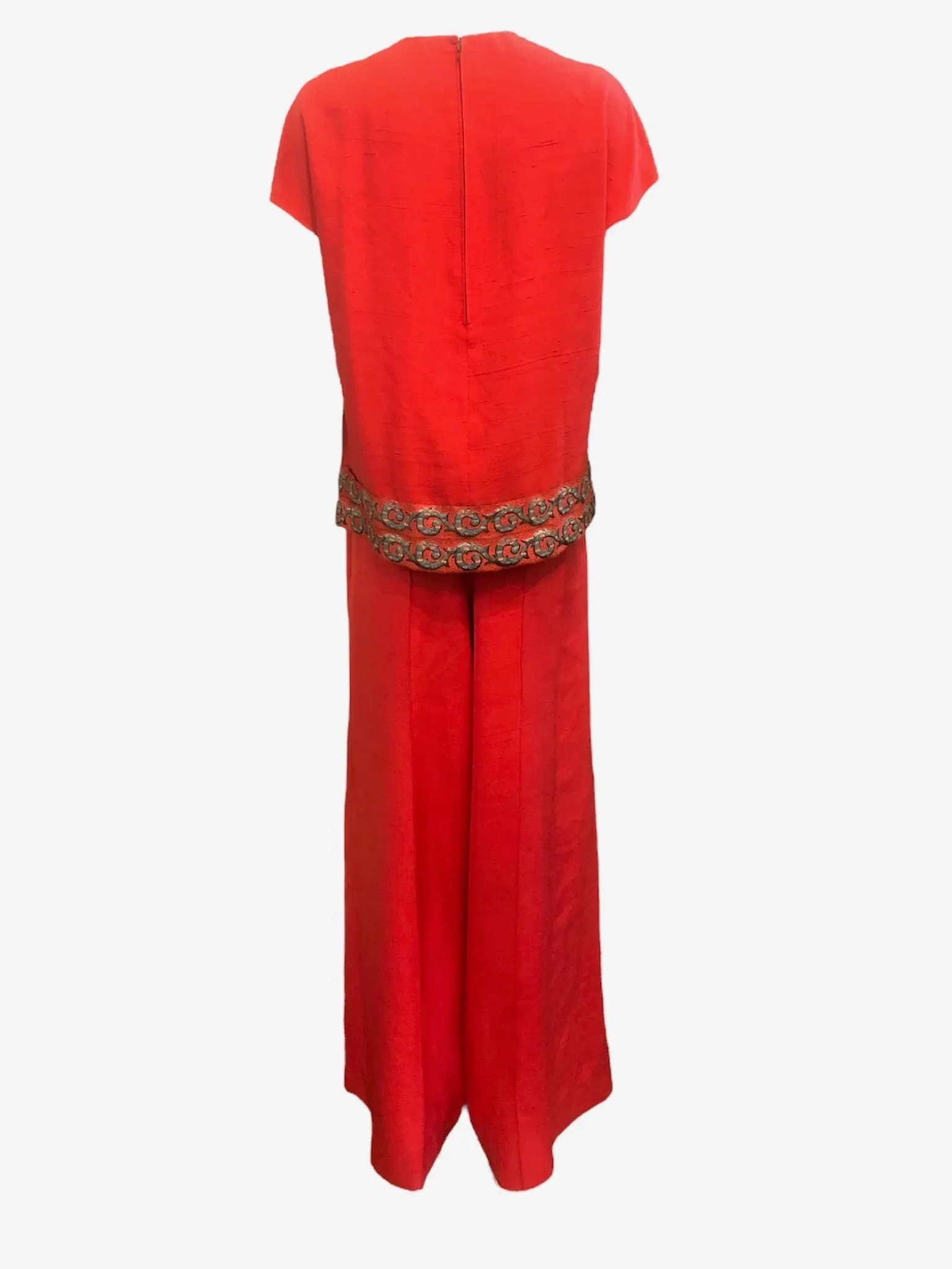 Eleanora Garnett Couture 60s Red Hostess Pantsuit with Gold Lame Jacquard Trim