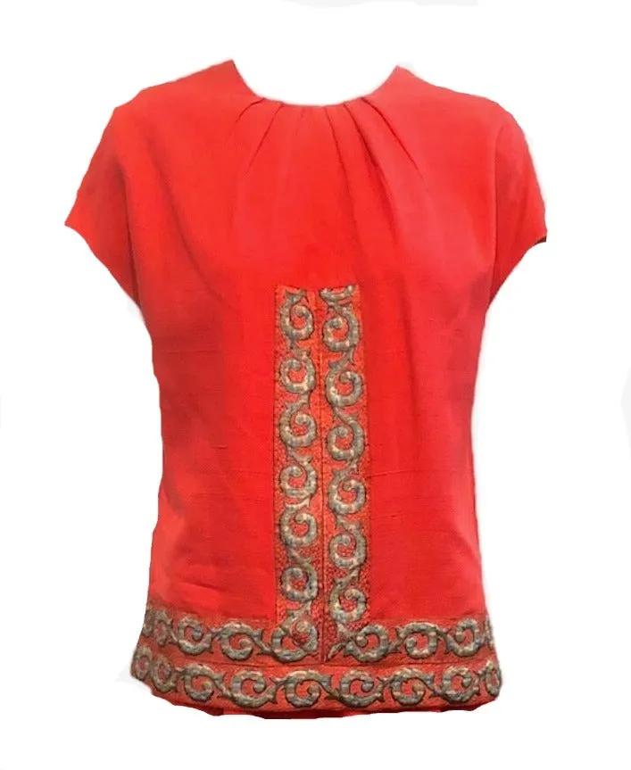 Eleanora Garnett Couture 60s Red Hostess Pantsuit with Gold Lame Jacquard Trim