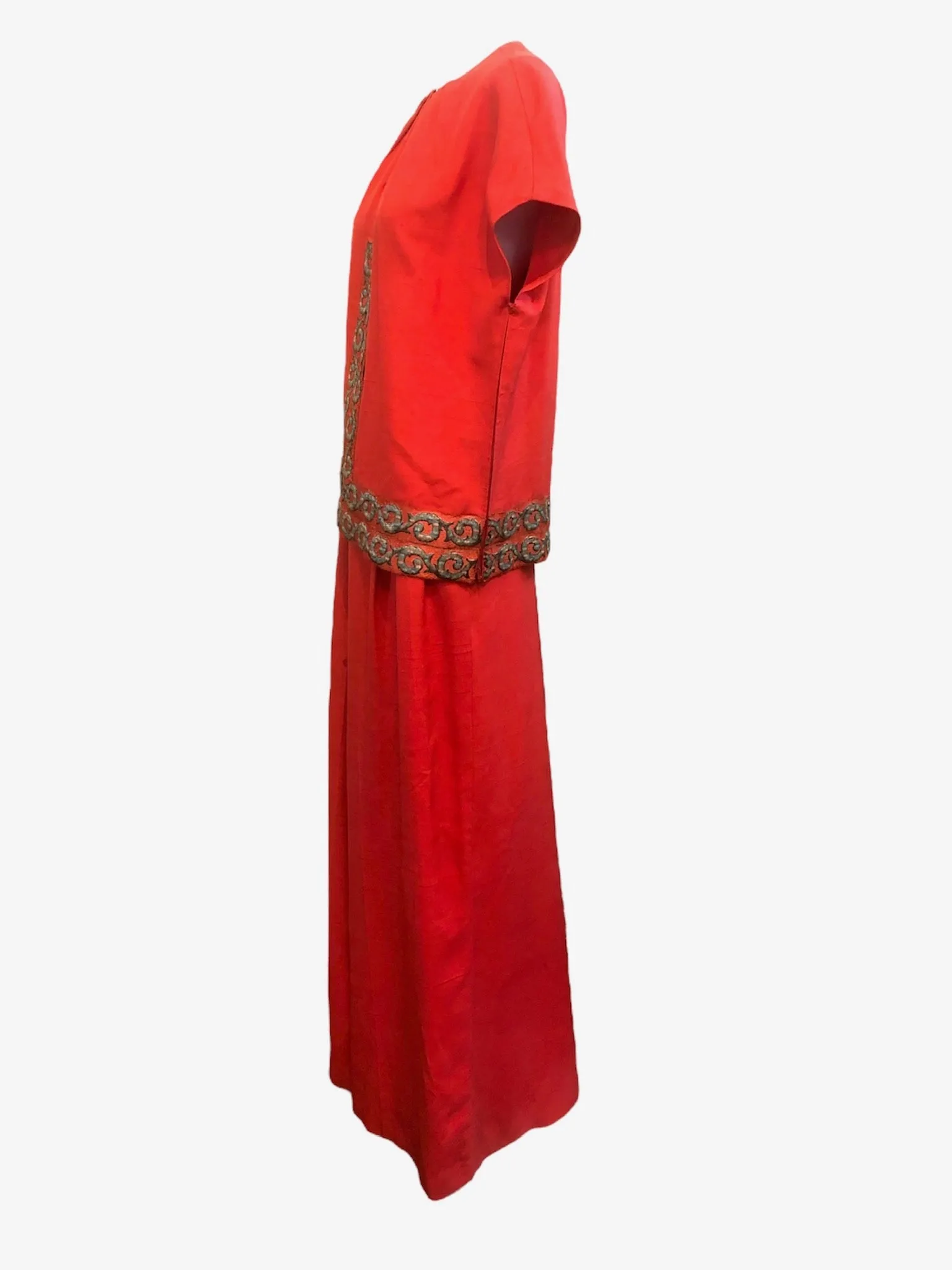 Eleanora Garnett Couture 60s Red Hostess Pantsuit with Gold Lame Jacquard Trim