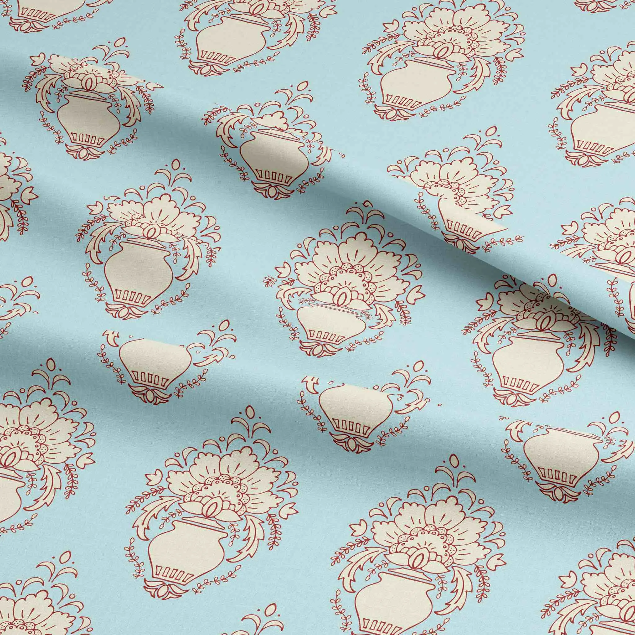 Fabric Cotton Poplin - Damask Vase Blue