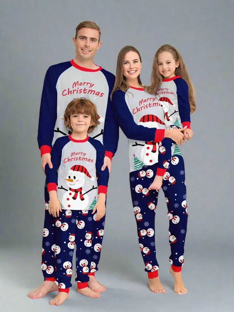 Family Matching Christmas Pajamas - Snowman Print "Merry Christmas" PJs in Blue and Red