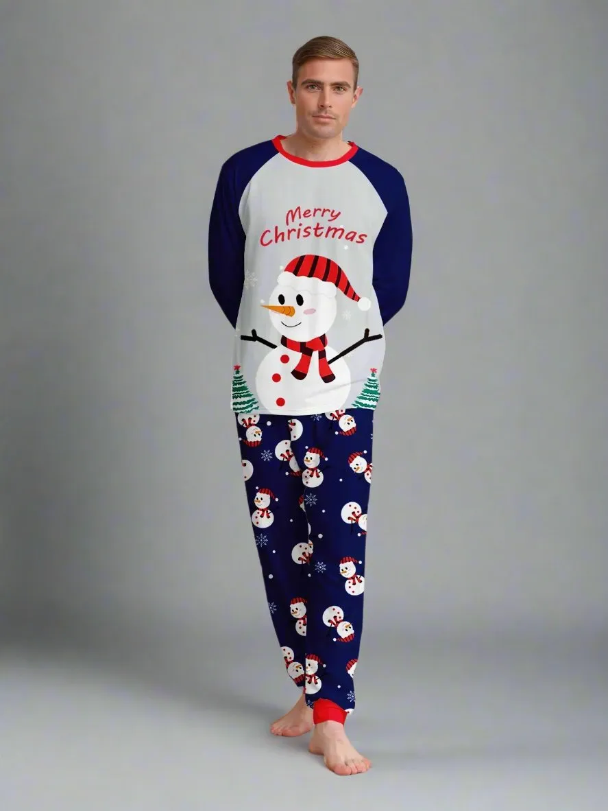 Family Matching Christmas Pajamas - Snowman Print "Merry Christmas" PJs in Blue and Red