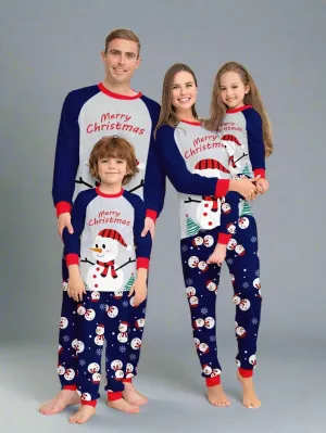 Family Matching Christmas Pajamas - Snowman Print "Merry Christmas" PJs in Blue and Red