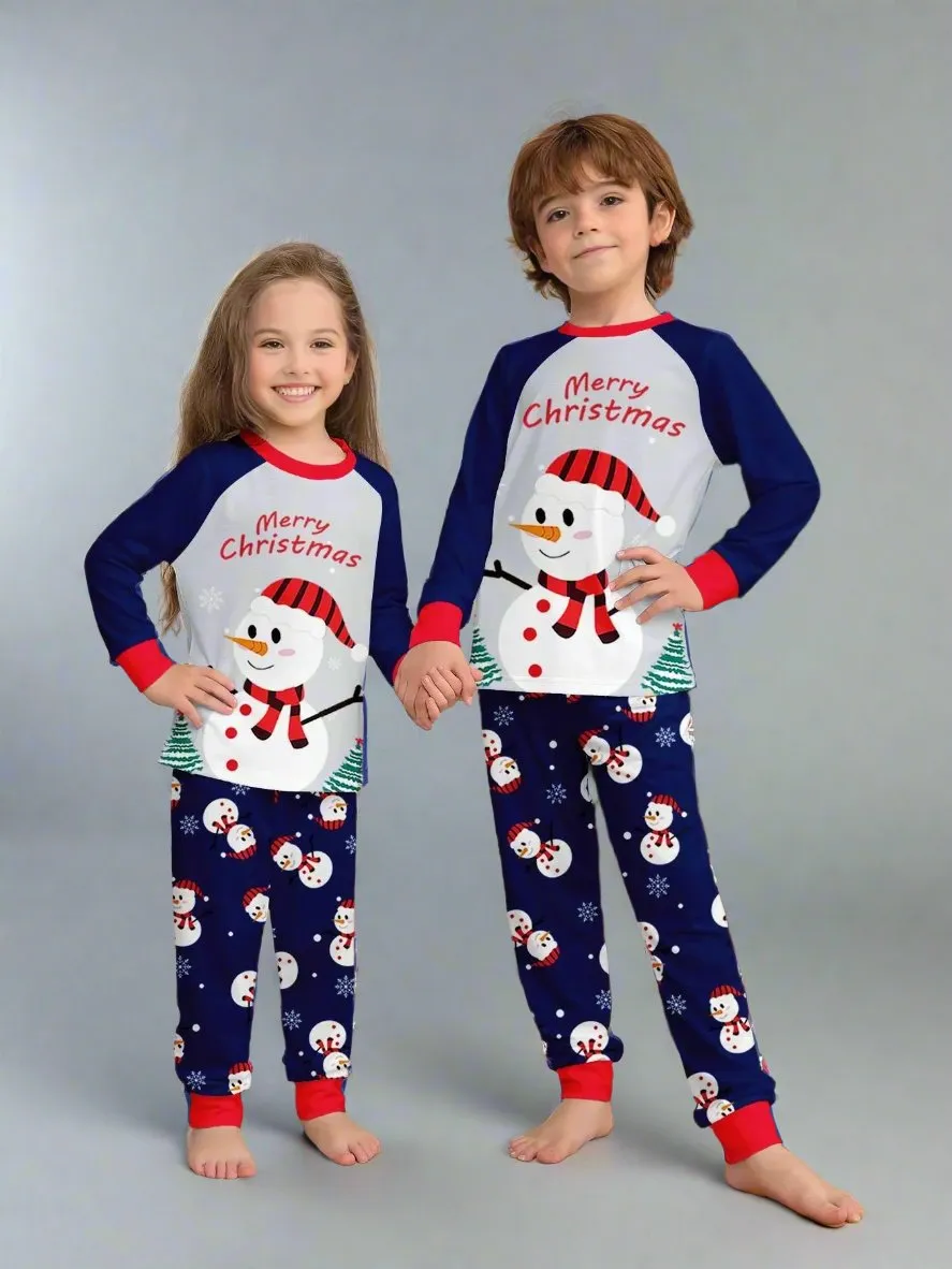 Family Matching Christmas Pajamas - Snowman Print "Merry Christmas" PJs in Blue and Red