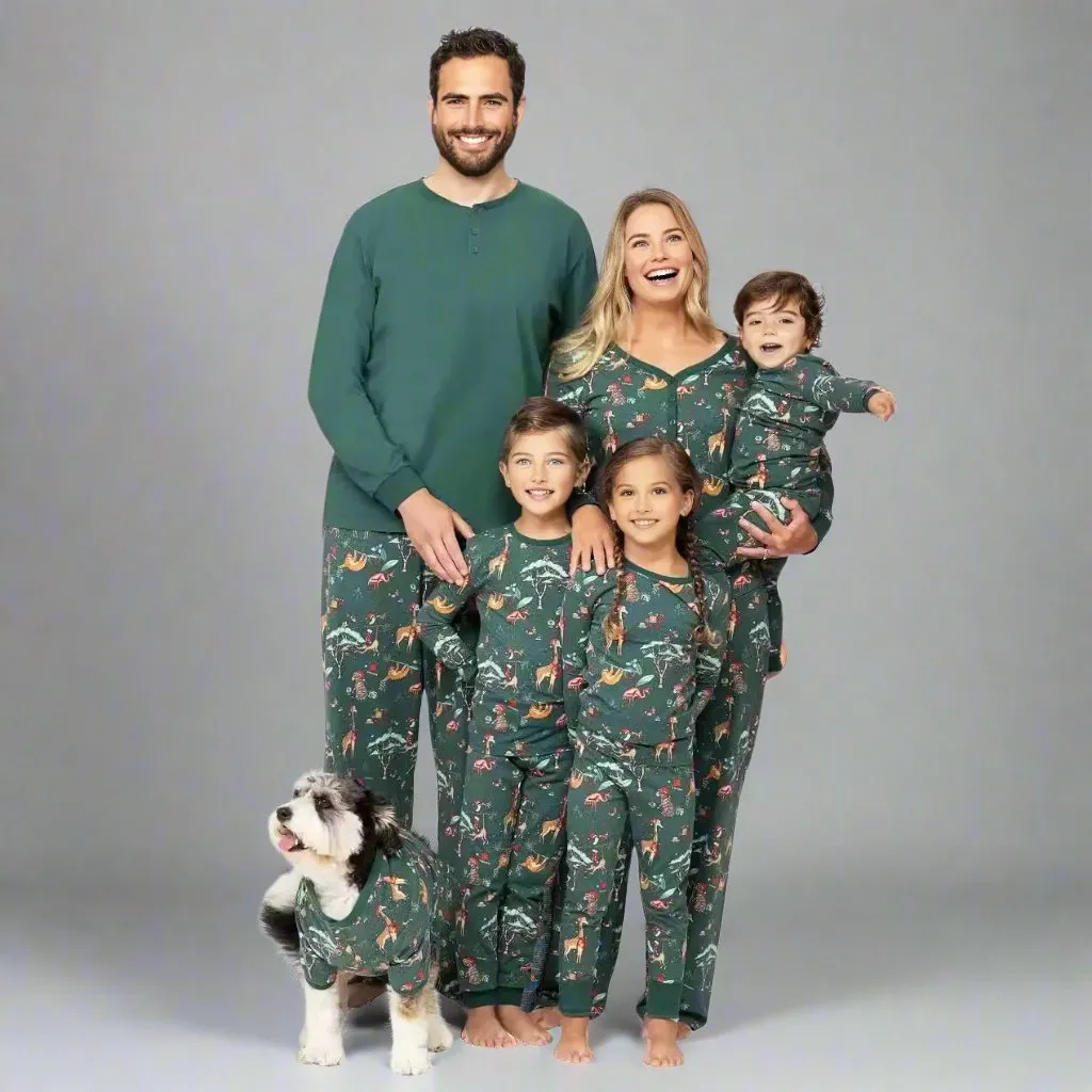 Family Matching Holiday Safari Animal Pajamas - Cozy Green Christmas Pajama Set for Kids, Adults & Pets