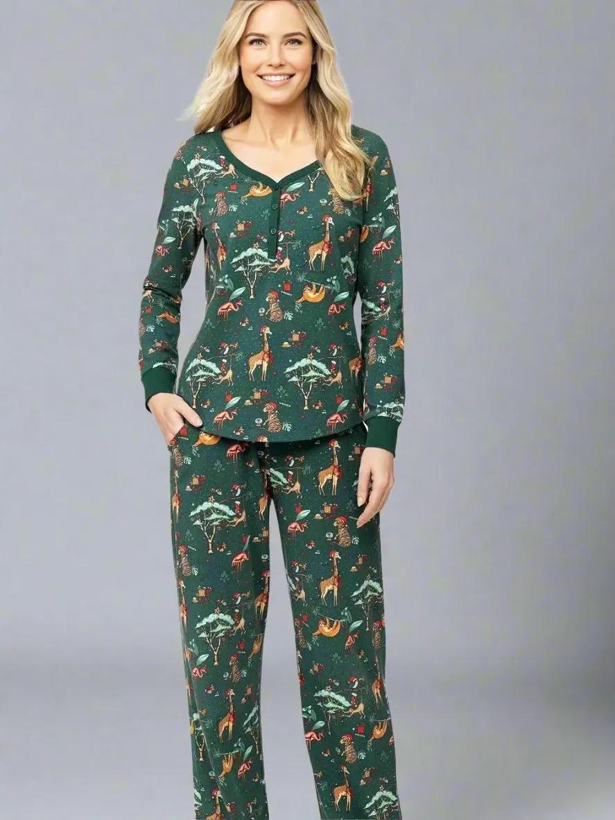 Family Matching Holiday Safari Animal Pajamas - Cozy Green Christmas Pajama Set for Kids, Adults & Pets