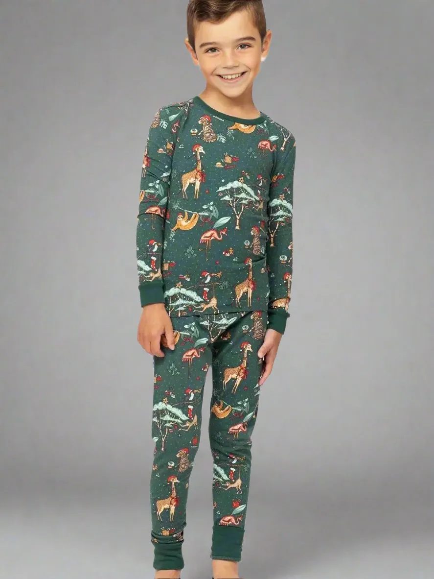 Family Matching Holiday Safari Animal Pajamas - Cozy Green Christmas Pajama Set for Kids, Adults & Pets