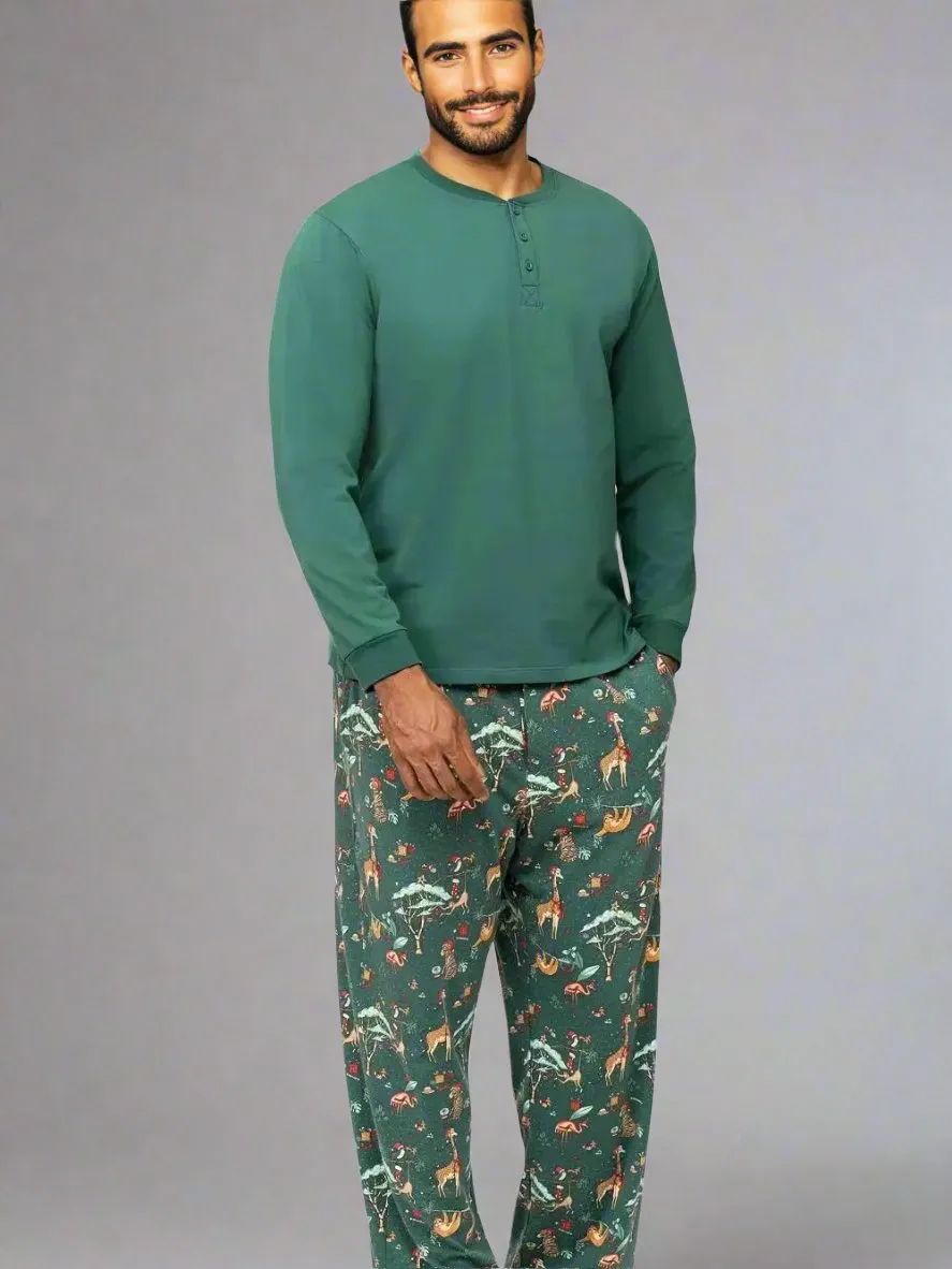 Family Matching Holiday Safari Animal Pajamas - Cozy Green Christmas Pajama Set for Kids, Adults & Pets