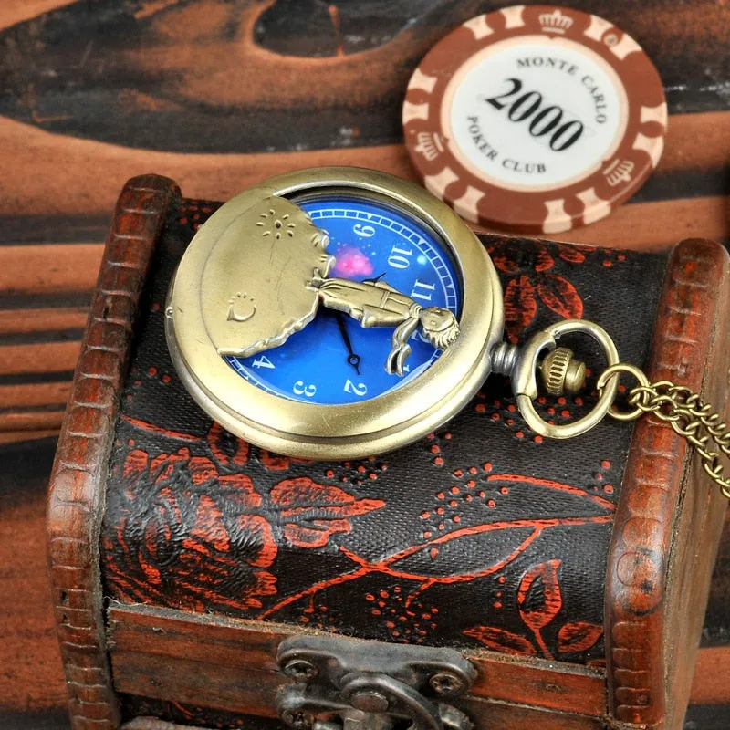 Fashion Gift To Kids Little boy The Little Prince Planet Blue Bronze Vintage Quartz Pocket FOB Watch Popular Gifts