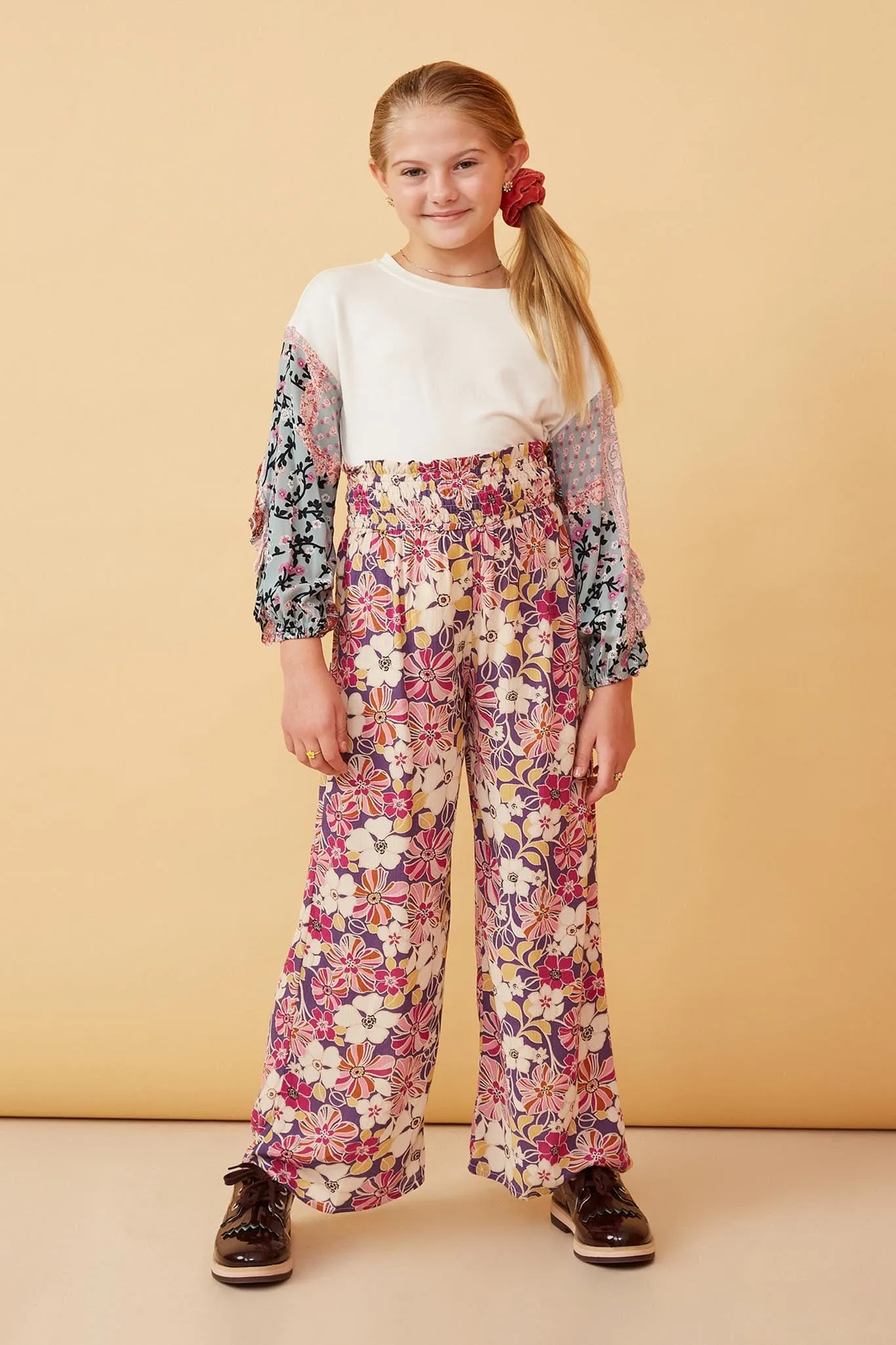Floral Print Smocked Elastic Waist Wide Leg Pants