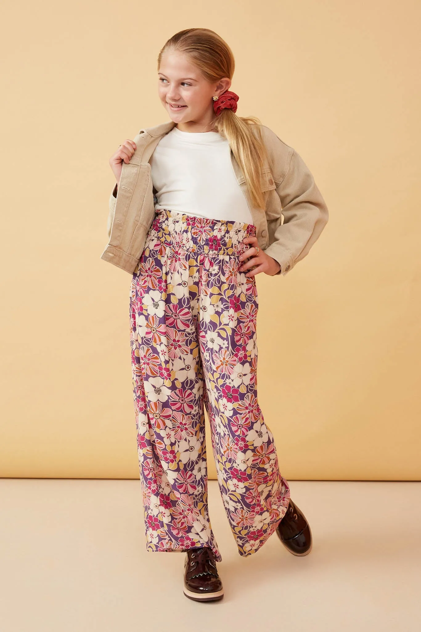 Floral Print Smocked Elastic Waist Wide Leg Pants