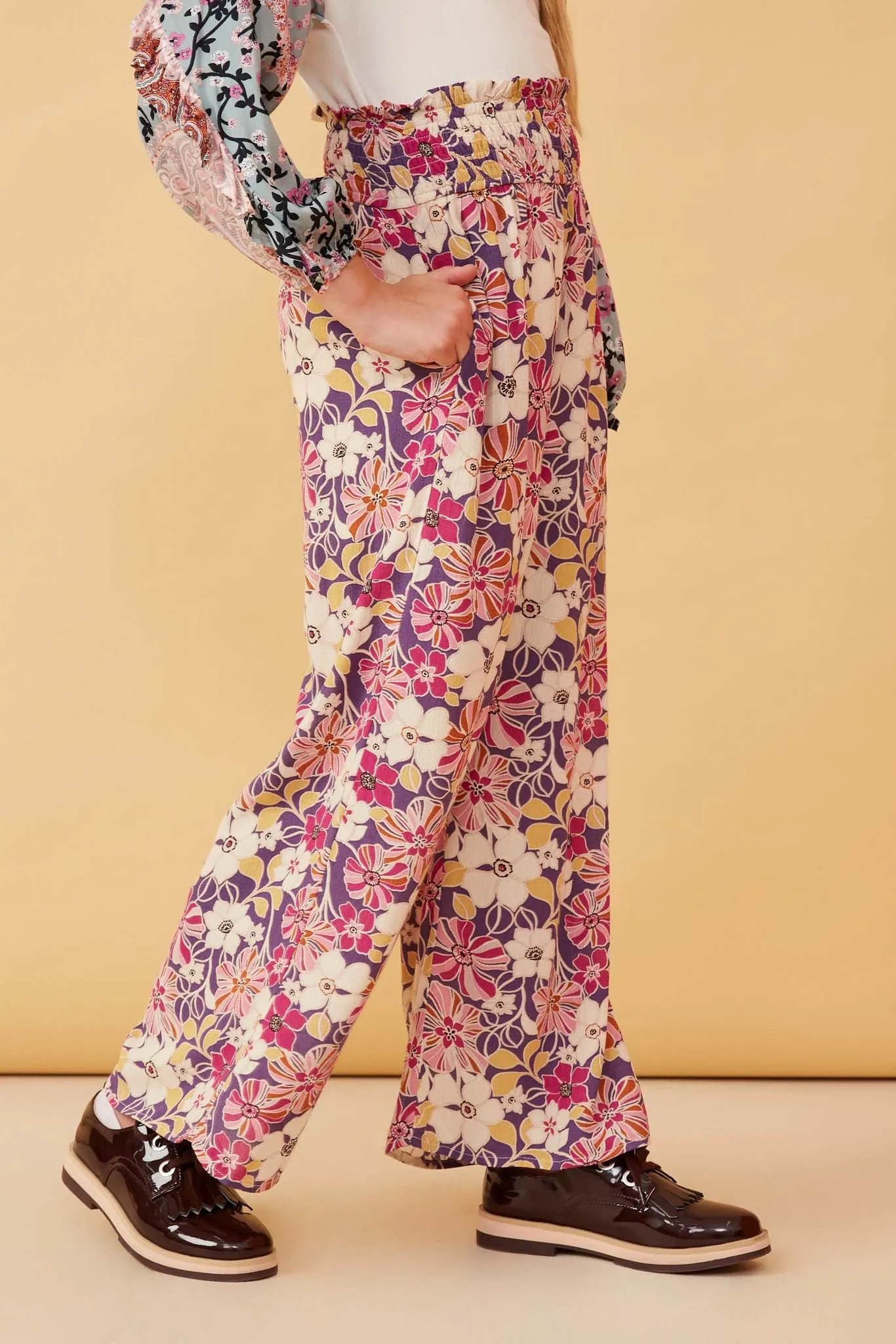 Floral Print Smocked Elastic Waist Wide Leg Pants