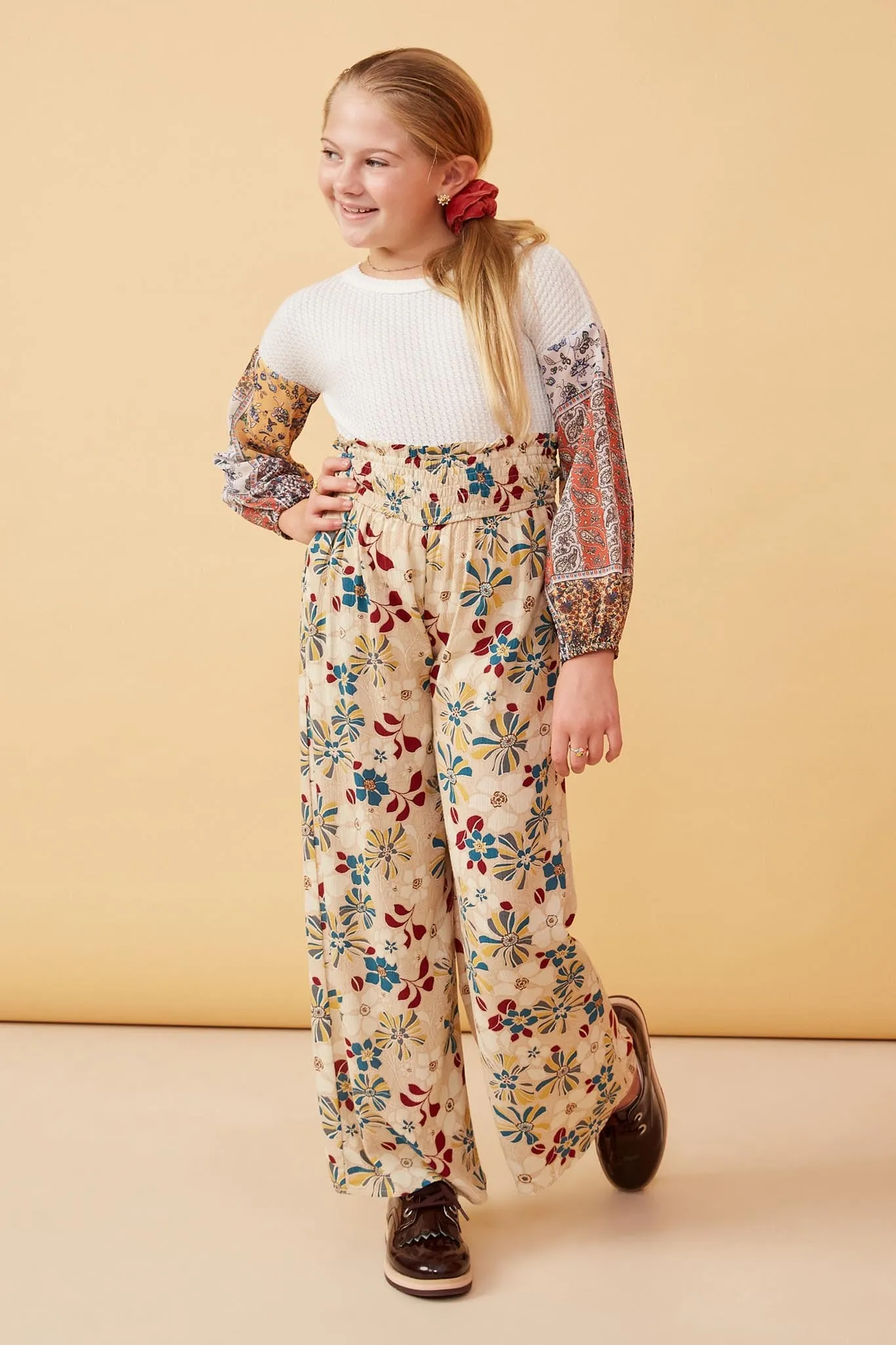 Floral Print Smocked Elastic Waist Wide Leg Pants