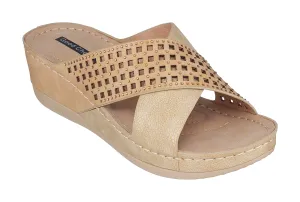 GC Shoes Womens Open Toe Memory Foam Wedge Sandals, Comfy Slip On Low Heel Cross Band Slide Platform, Isabella/Gold/8.5