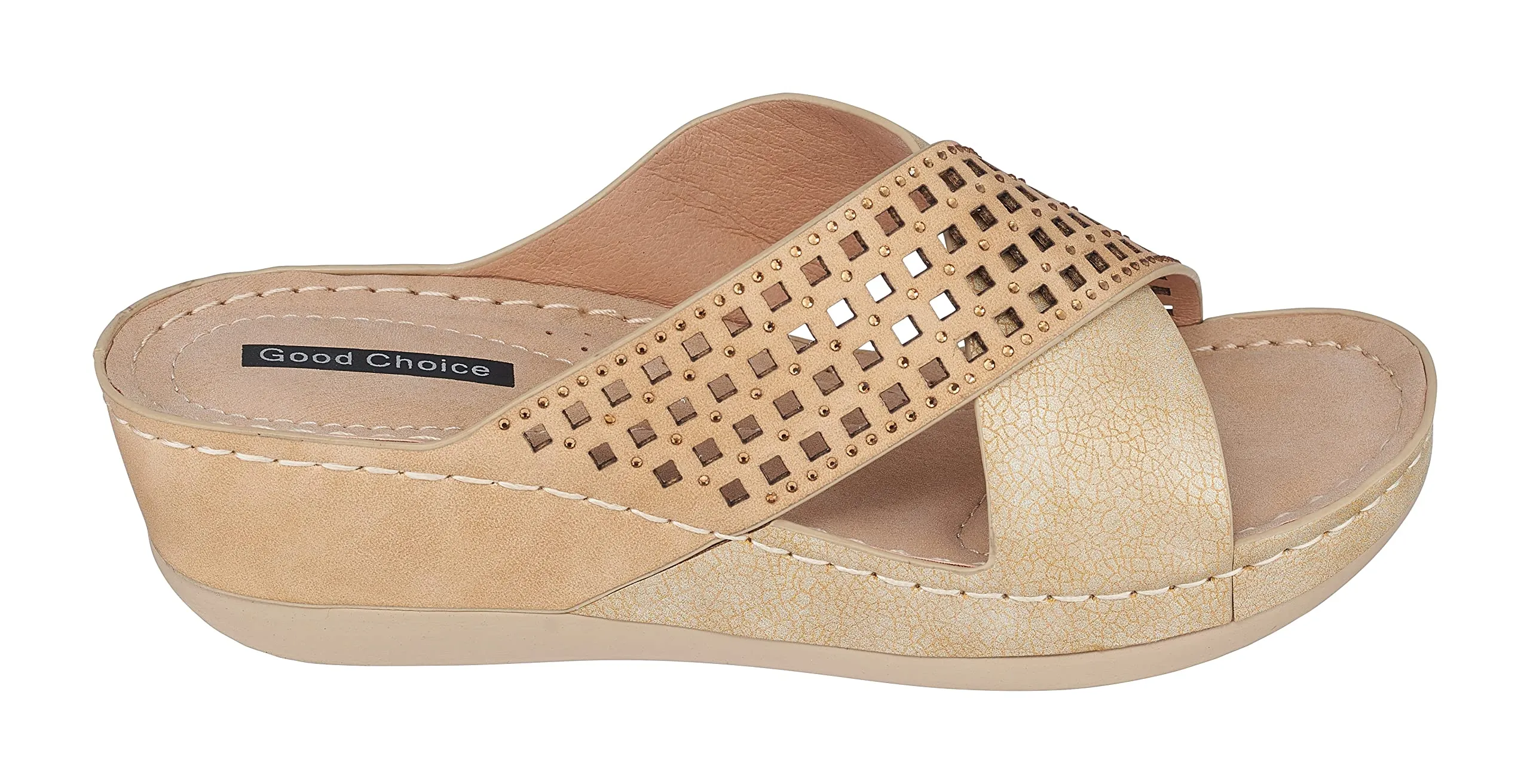 GC Shoes Womens Open Toe Memory Foam Wedge Sandals, Comfy Slip On Low Heel Cross Band Slide Platform, Isabella/Gold/8.5