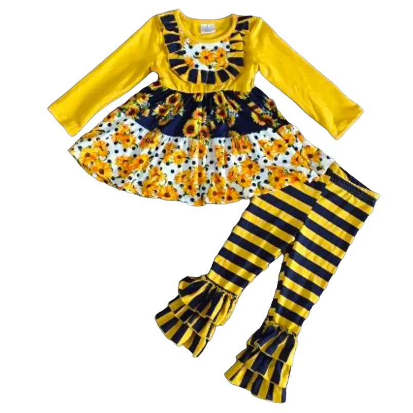 Girls Gold & Navy Floral Fall Long Sleeve Ruffle Shirt & Pants
