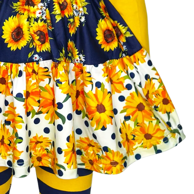Girls Gold & Navy Floral Fall Long Sleeve Ruffle Shirt & Pants