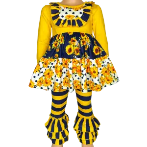 Girls Gold & Navy Floral Fall Long Sleeve Ruffle Shirt & Pants