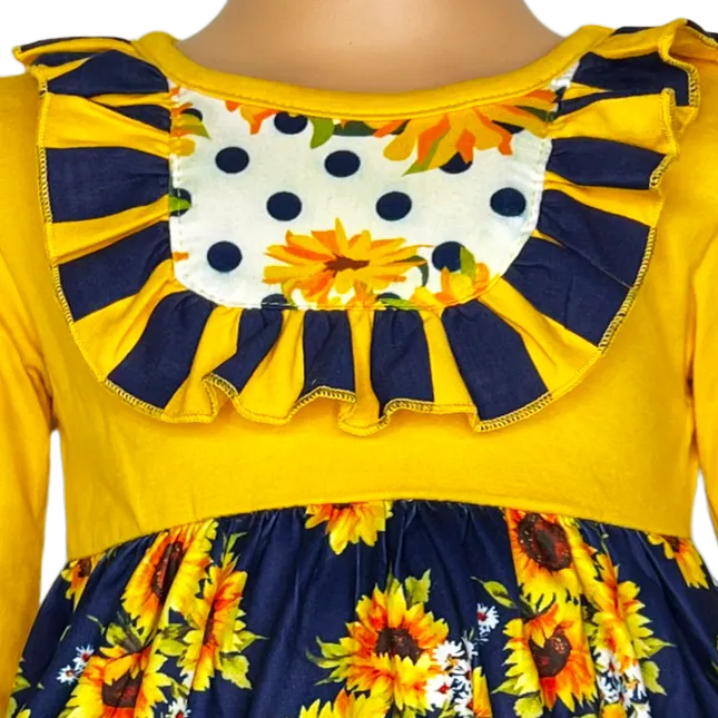 Girls Gold & Navy Floral Fall Long Sleeve Ruffle Shirt & Pants