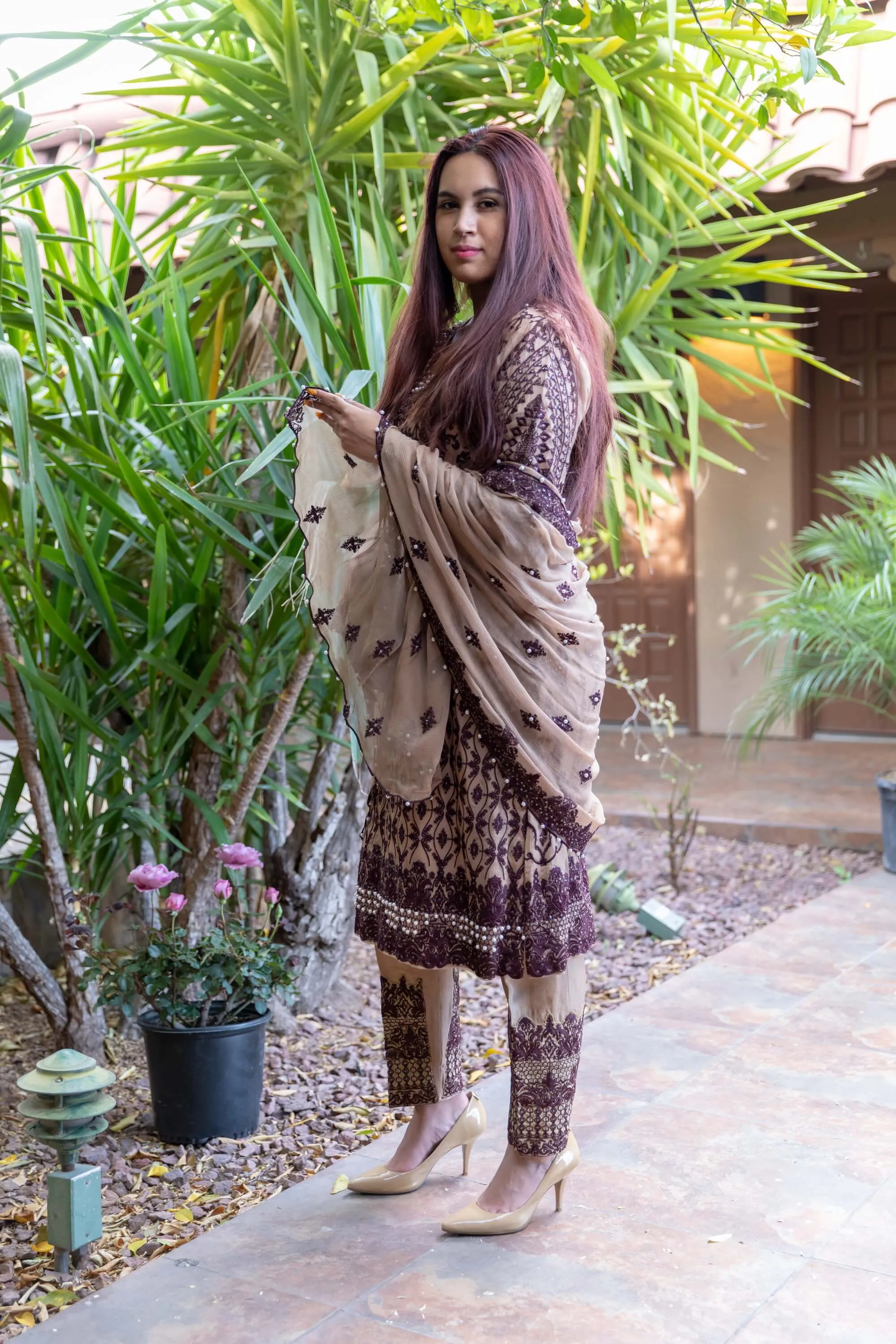 Gold - Beige Chiffon Embroidery Suit with Silk pants