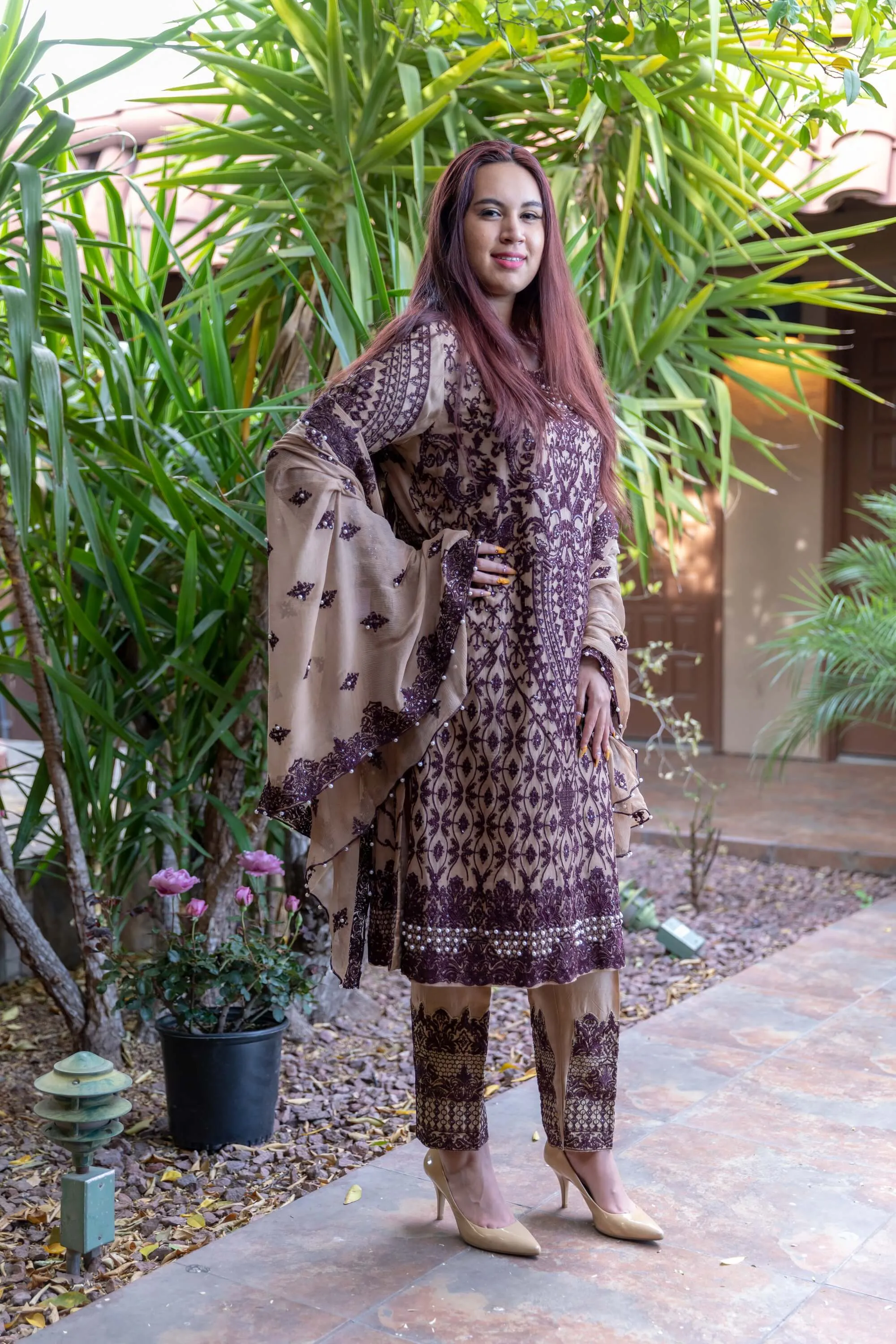 Gold - Beige Chiffon Embroidery Suit with Silk pants