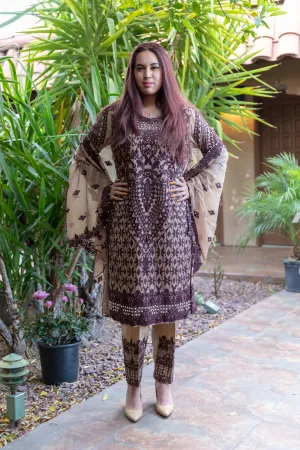 Gold - Beige Chiffon Embroidery Suit with Silk pants