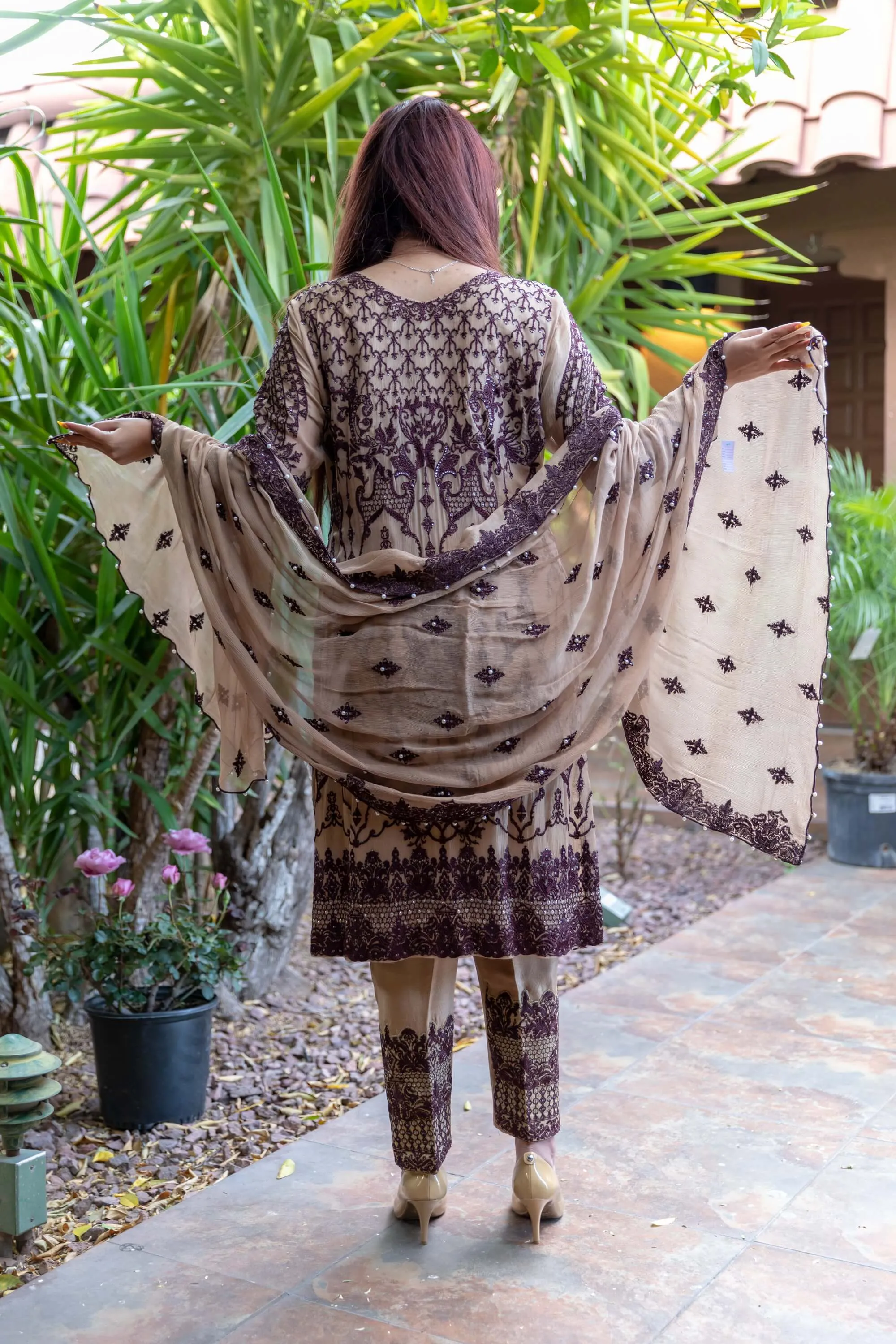 Gold - Beige Chiffon Embroidery Suit with Silk pants