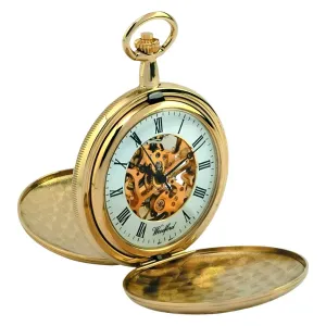 Gold Plated Skeleton Dial Double Hunter Mechanical Pocket Watch