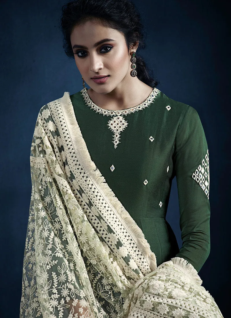 Green And Beige Lucknowi Anarkali Suit