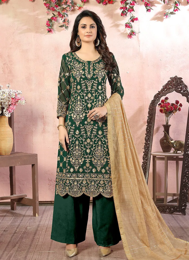 Green Embroidered Designer Palazzo Suit