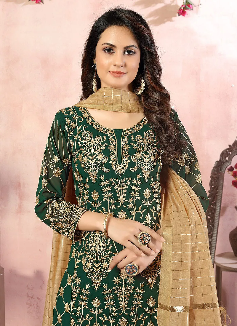 Green Embroidered Designer Palazzo Suit