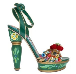 Green Leather Crystal Carretto Platform Shoes