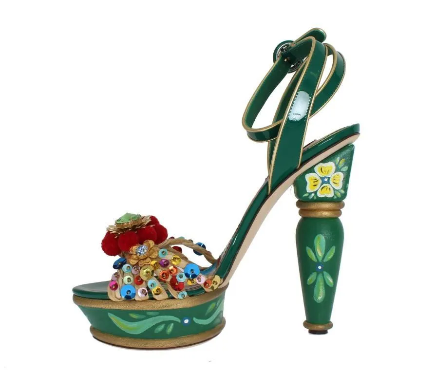Green Leather Crystal Carretto Platform Shoes