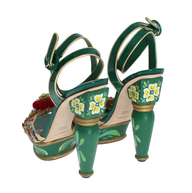 Green Leather Crystal Carretto Platform Shoes