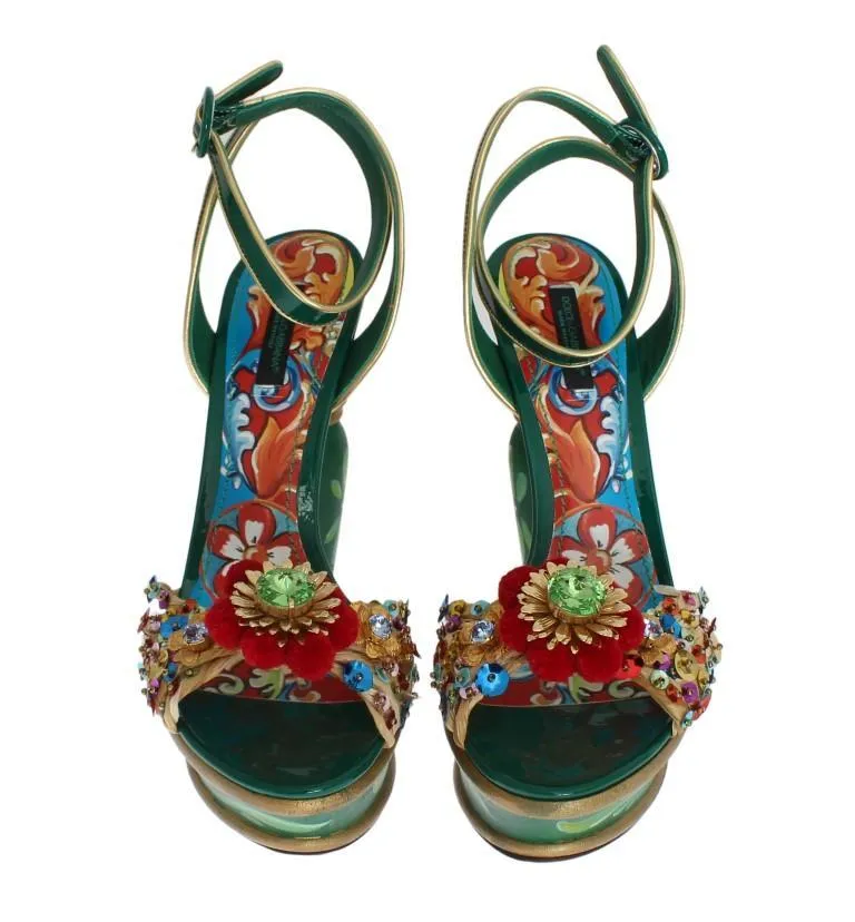 Green Leather Crystal Carretto Platform Shoes