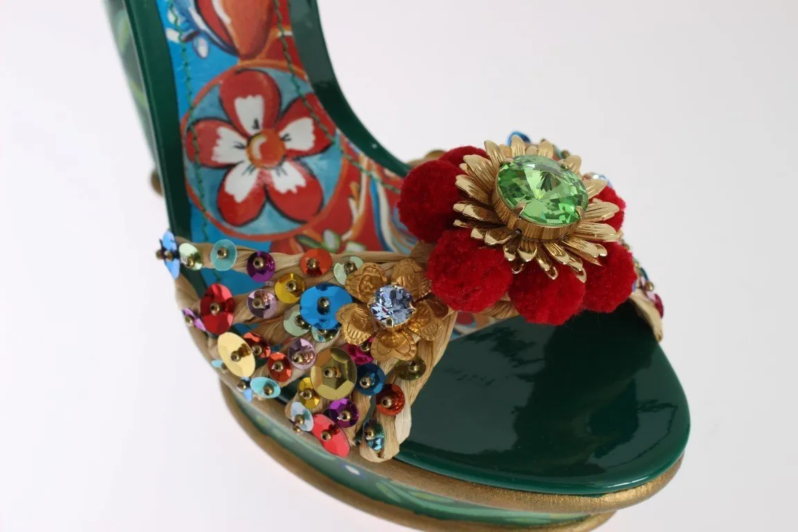 Green Leather Crystal Carretto Platform Shoes