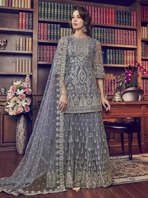 Grey Designer Embroidered Pakistani Gharara Suit