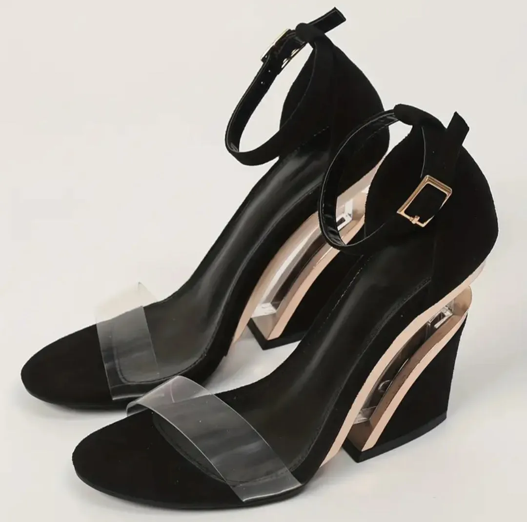 High Heel Elegant Open-Toe Platform Wedge Sandals for Women - Transparent Strap with Golden Buckle Closure, Black Cover Upper with Clear T-Strap Design - All-Season High Heel Shoes with Rubber Sole and Microfiber Insole