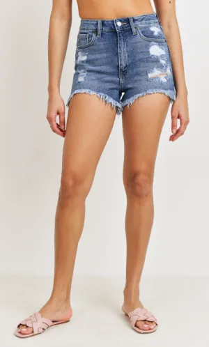 High Rise Destroyed Hem Denim Shorts