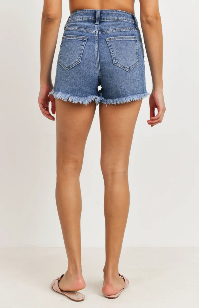 High Rise Destroyed Hem Denim Shorts