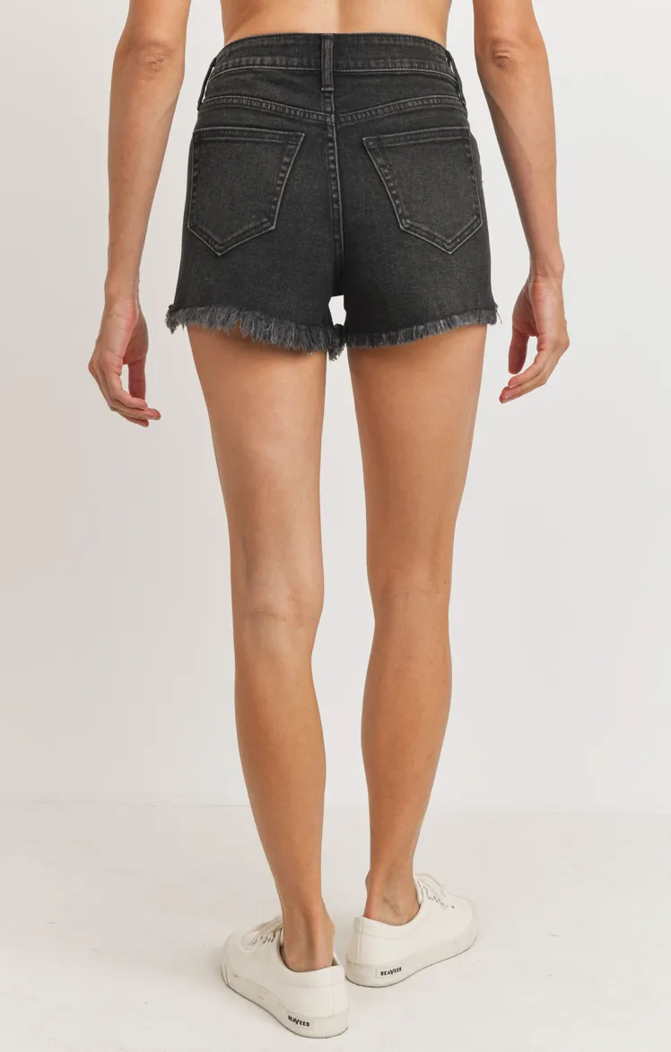 High Rise Destroyed Hem Denim Shorts