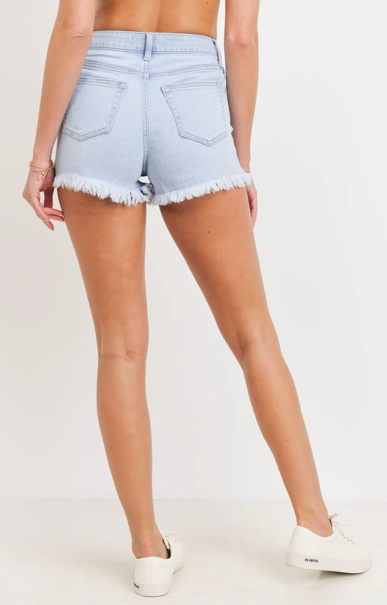 High Rise Destroyed Hem Denim Shorts